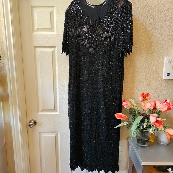 Vintage Scala Black Cocktail 100% Silk Sequin Beaded Evening Party Dress 2X - Picture 1 of 16
